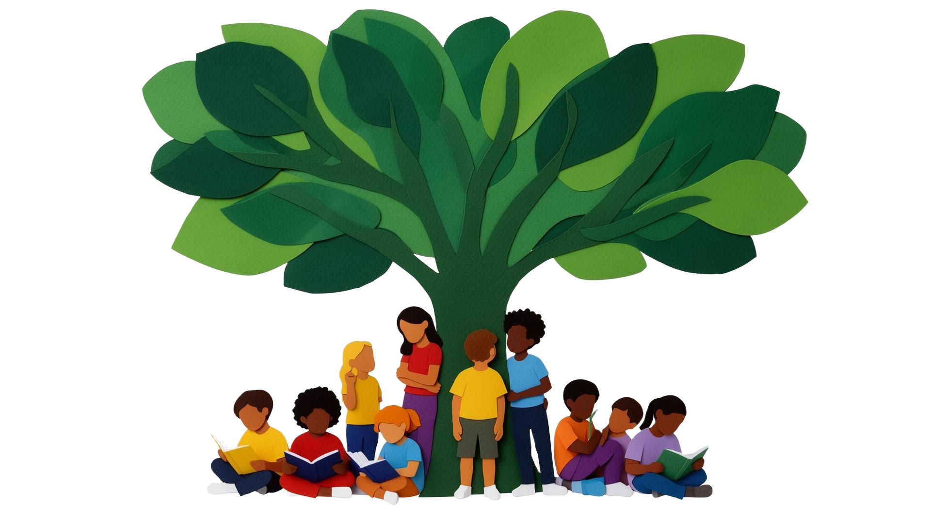 A great tree with children of varied backgrounds gathered beneath its canopy, reading and listening together — paper-cut collage illustration.